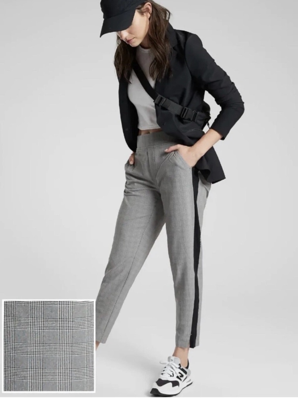 ATHLETA Brooklyn Ankle Pant - Gray Glen Plaid Ankle Pants with Black Side Stripe